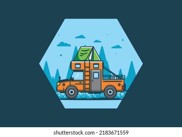 Colorful camping truck flat illustration design