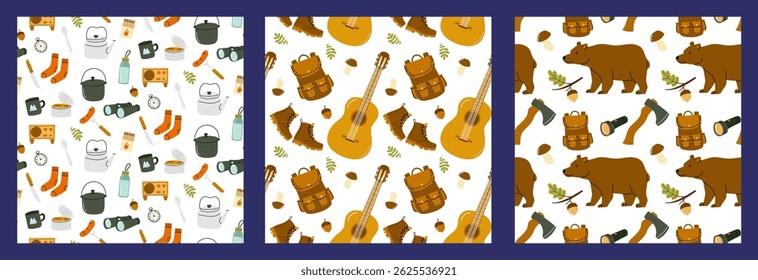 Colorful camping-themed patterns featuring nature elements and outdoor gear