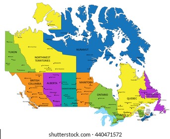 Colorful Canada political map with clearly labeled, separated layers. Vector illustration.