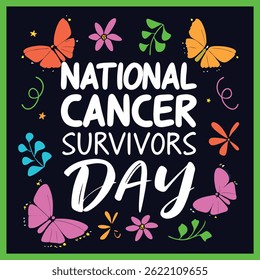 Colorful Cancer Survivors Day Poster with Raised Hands and Love Symbols with vector design

