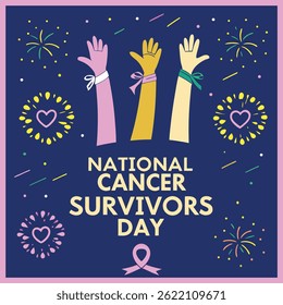 Colorful Cancer Survivors Day Poster with Raised Hands and Love Symbols with vector design

