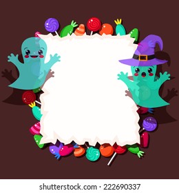 colorful candies and cute Halloween ghosts with frame