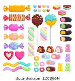 Colorful candies set - hard candy, chocolate bonbons, licorice, marshmallow twists, cake pops, gummy bears, dragee. Vector illustration in cartoon style. Assorted sweets.