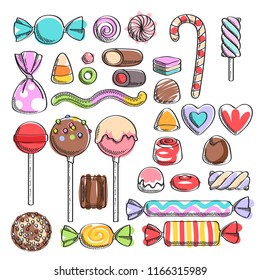 Colorful candies set - hard candy, chocolate bonbons, licorice, marshmallow twists, cake pops, dragee. Vector illustration in sketch style. Assorted sweets.