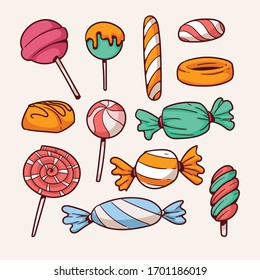 Colorful candies set. Vector illustration in sketch style. Assorted sweets.