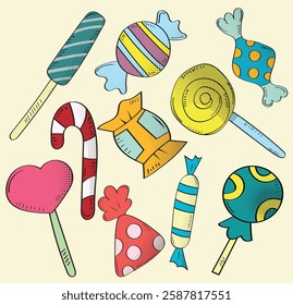 Colorful candies set. Vector illustration in sketch style. Assorted sweets