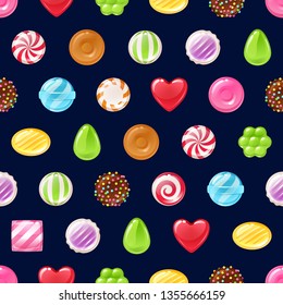 Colorful candies sweets icons background - chocolate, toffee, peppermint candies vector illustration.