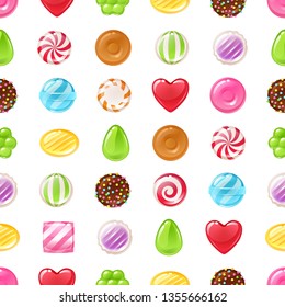 Colorful candies sweets icons background - chocolate, toffee, peppermint candies vector illustration.