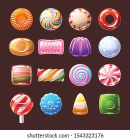 Colorful candies sweets icons - lollipop, toffee, peppermint candies vector illustration.