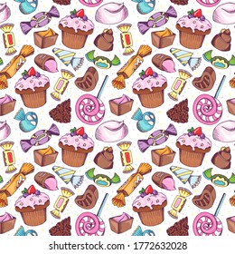 Coloridos caramelos y dulces sin fisuras patrón, dibujo a mano estilo boceto estilo fondo