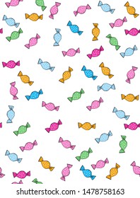 Colorful Candies Vector Pattern. Pink, Blue, Green and Yellow Sweets Isolated on a White Background. Hand Drawn Sweermeats Vector Print Ideal for Fabric, Wrapping Paper, Party Decoration, Textile.