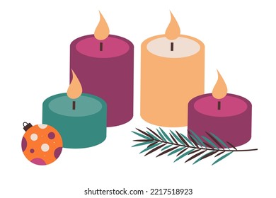Colorful candle illustration with Christmas bubbles and branch