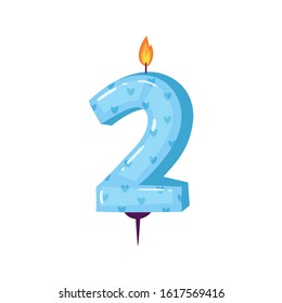 Colorful candle in number shape 2 with festive pattern. Cartoon anniversary celebration cake decorative element with burning light, for birthday and party for card design. Isolated vector set