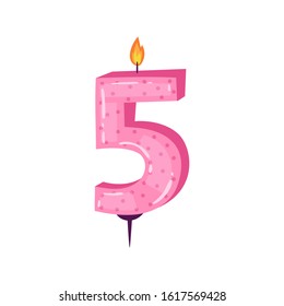 Colorful candle in number shape 5 with festive pattern. Cartoon anniversary celebration cake decorative element with burning light, for birthday and party for card design. Isolated vector set