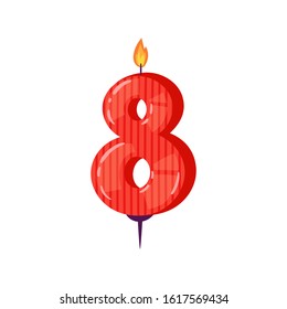 Colorful candle in number shape 8 with festive pattern. Cartoon anniversary celebration cake decorative element with burning light, for birthday and party for card design. Isolated vector set