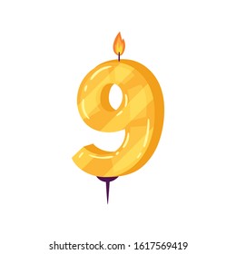 Una vela colorida en la forma número 9 con un patrón festivo. Celebración del aniversario de caricaturas elemento decorativo del pastel con luz quemada, para cumpleaños y fiesta para el diseño de cartas. Conjunto vectorial aislado