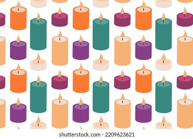 Colorful candle seamless pattern.  Cozy winter background. 