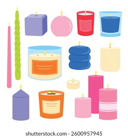 Colorful Candle Set, A collection of various decorative candles in different shapes, colors, and sizes. Includes pillar, tea light, jar, and twisted candles, Perfect for home decor, aromatherapy