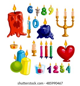 Colorful candle set. Vector candle flame and wax - collection for birthday party and holiday. Candlesticks on white background. Cartoon style illustration