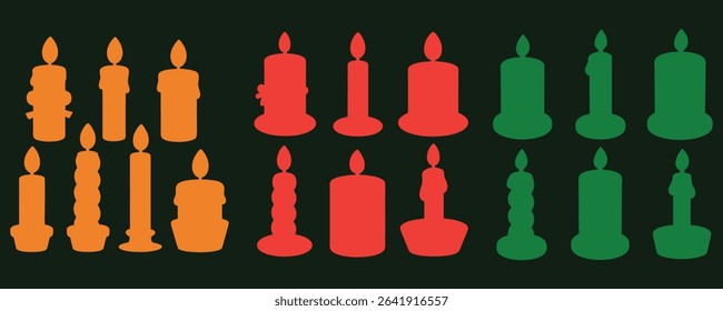Colorful candle silhouettes vector design with orange red and green festive holiday decorations
