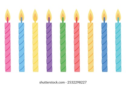 Colorful candles for a birthday cake. Festive candles with burning flame on the wicks, holiday items. Vector illustration.
