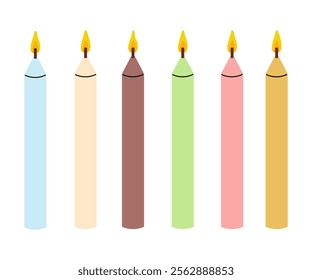 Colorful candles with flames arranged in a row for celebrations and special occasions