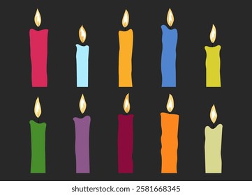 Colorful candles on a black background. Bright-colored lit candles set.