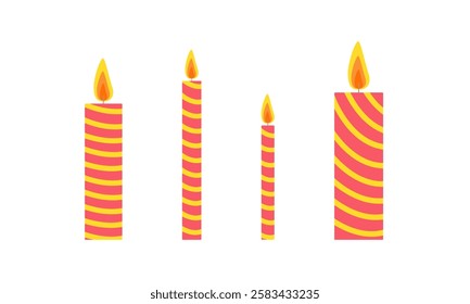 Colorful candles set hand drawn flat vector illustration, festive holiday celebration collection of decorated objects of different sizes for birthday, wedding, Christmas