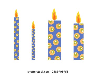 Colorful candles set hand drawn flat vector illustration, festive holiday celebration collection of decorated objects of different sizes for birthday, wedding, Christmas