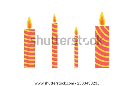 Colorful candles set hand drawn flat vector illustration, festive holiday celebration collection of decorated objects of different sizes for birthday, wedding, Christmas