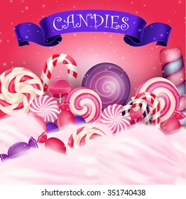 Colorful candy background with realistic purple ribbon.Vector