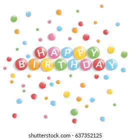 Colorful candy background. Vector illustration with phrase Happy Birthday.