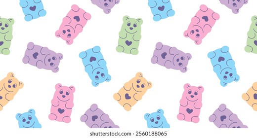 Colorful candy bear character pattern. Seamless gummy bears print in pastel colors. Doodle jelly icon, marmalade background for fabric, textile, wrapping paper, cover, backdrop, wallpaper. Vector