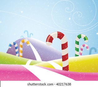 colorful candy canes growing on a hillside while flurries of snow fall to the ground. PDF file included.