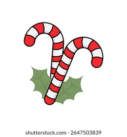 Colorful candy canes with holly, a classic holiday treat perfect for Christmas and festive designs.