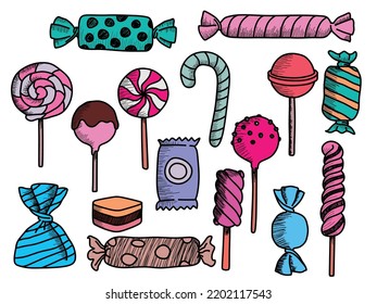 colorful candy collection. Doodle sketch style.