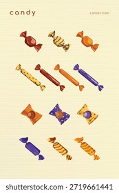Colorida colección de caramelos con varios caramelos envueltos. Ilustraciones de caramelos en colores vibrantes. Perfecto para diseños y proyectos con temática de caramelos. Elementos de caramelo sobre Vector de fondo amarillo.