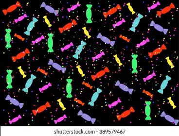 colorful candy and confetti on a black background