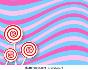 Colorful candy design with decoration in the corner. Red, white striped lollipops on pink, blue wavy background.