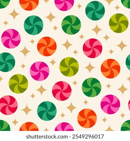 Colorful candy with gold star seamless pattern design for Christmas holidays background.