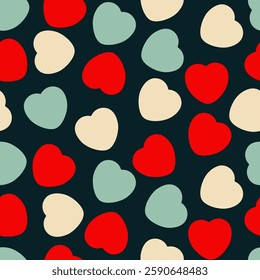 Colorful Candy Heart Pattern With Blue, Red and Beige Hearts on a Black Background. Cheerful, Love, Valentines Day Seamless Vector Design