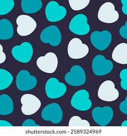 Colorful Candy Heart Pattern With Cyan, Turquoise and Blue Hearts on a Dark Blue Background. Cheerful, Love, Valentines Day Seamless Vector Design