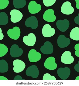 Colorful Candy Heart Pattern With Green Hearts on a Dark Rich Green Background. Cheerful, Love, Valentines Day Seamless Vector Design