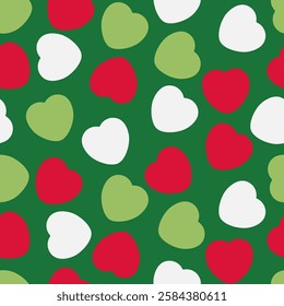 Colorful Candy Heart Pattern With Red, White and Green Hearts on a Green Holiday Background. Cheerful, Love, Valentines Day Seamless Vector Design