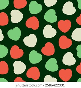 Colorful Candy Heart Pattern With Red, Beige and Green Hearts on a Rich Green Background. Cheerful, Love, Valentines Day Seamless Vector Design