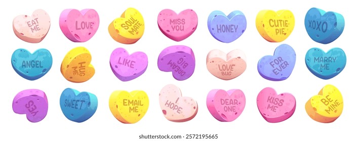 Colorful candy hearts collection with romantic messages engraved on surface. Multi colored sugary valentine treats. Sweet conversation confections with traditional love themed dating expressions.