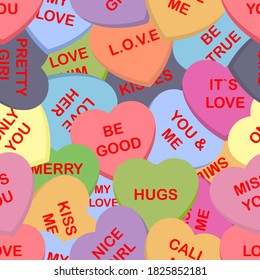 Colorful Candy Hearts Seamless Pattern Background. Cute Heart Shaped Candies With Love Authors. Set Of Sweets For Conversation On Valentine's Day. Vector Illustration