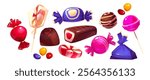 Colorful candy and lollipop collection - sweet treats with glossy wrapper including chocolate pieces, striped peppermint confectionery, pink bonbons, wrapped caramels and round ball suckers.