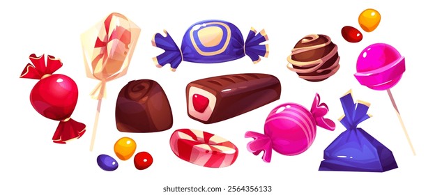 Colorful candy and lollipop collection - sweet treats with glossy wrapper including chocolate pieces, striped peppermint confectionery, pink bonbons, wrapped caramels and round ball suckers.