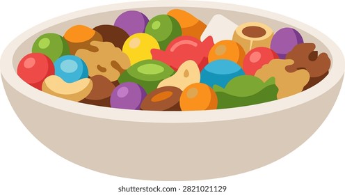 Colorful candy and nut trail mix in a white ceramic bowl. Vibrant flat illustration of a white bowl filled with assorted chocolate candies, walnuts, and cashews against a gray background. Ideal for food blogs, snack branding, or menu design.